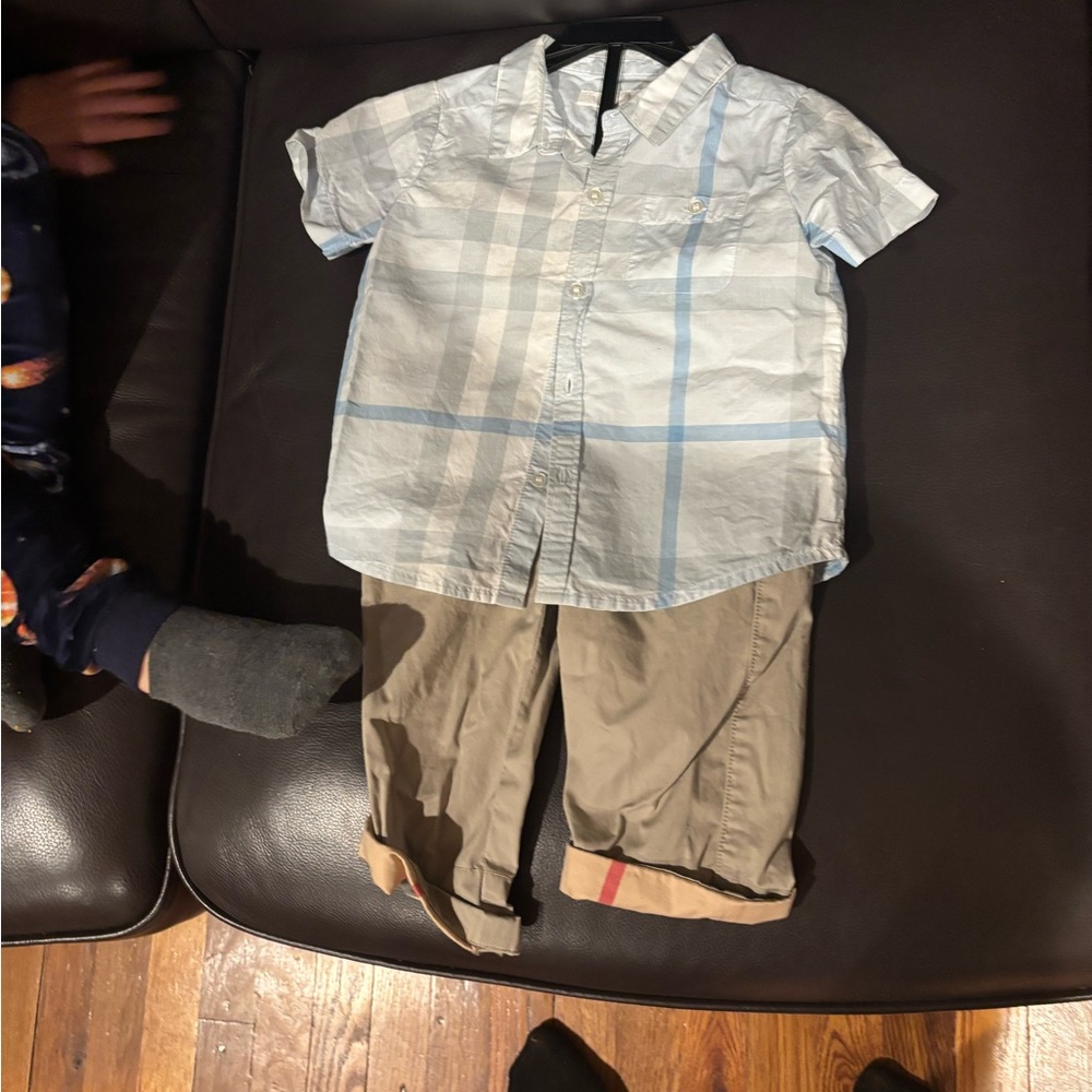 Burberry Light Blue and Beige Plaid Kids Shirt and pants 18 months